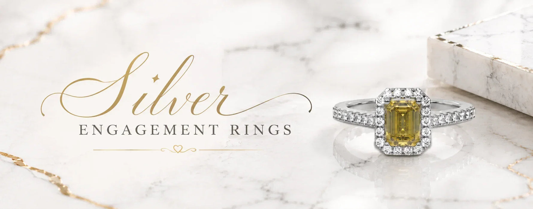 Minimal luxury hero banner for a silver engagement rings guide featuring a halo engagement ring with an emerald-cut yellow gemstone, pavé diamond band, elegant marble background, and sophisticated typography in a clean editorial design.