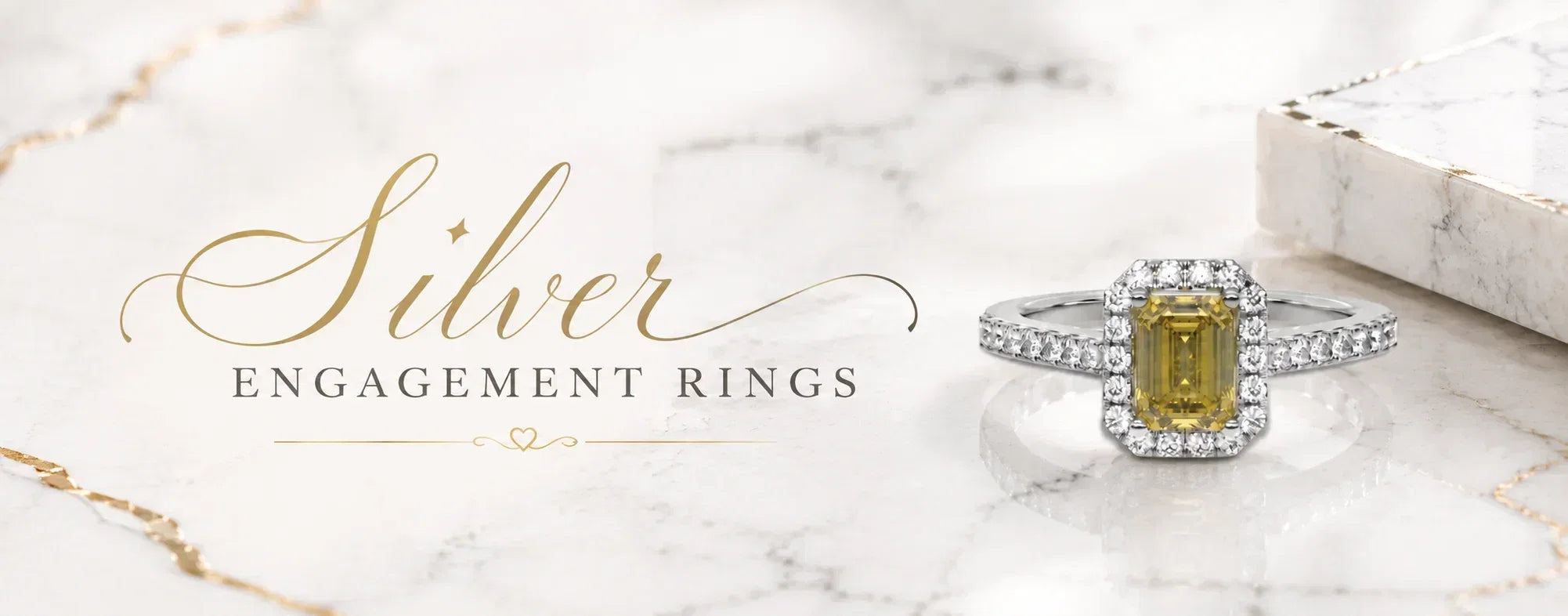 Minimal luxury hero banner for a silver engagement rings guide featuring a halo engagement ring with an emerald-cut yellow gemstone, pavé diamond band, elegant marble background, and sophisticated typography in a clean editorial design.