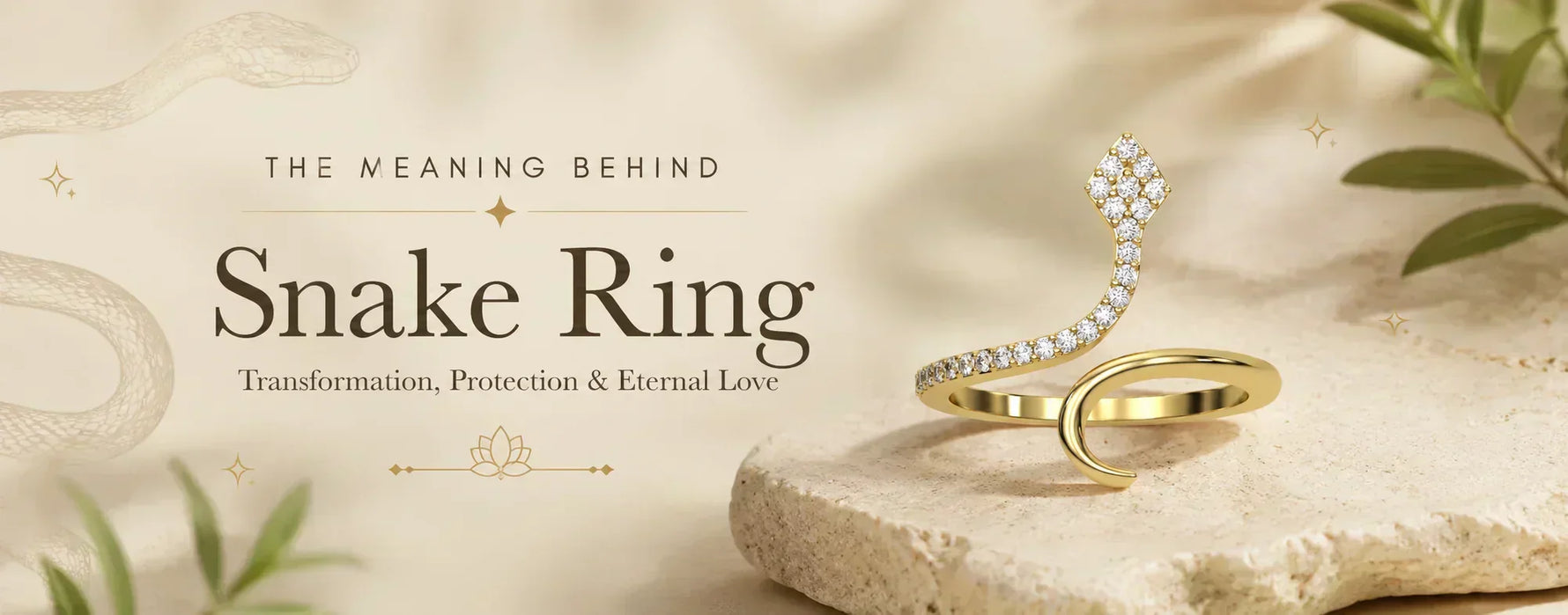 Diamond snake ring on a natural stone pedestal symbolizing transformation, protection, and eternal love, featured in a snake ring meaning guide.
