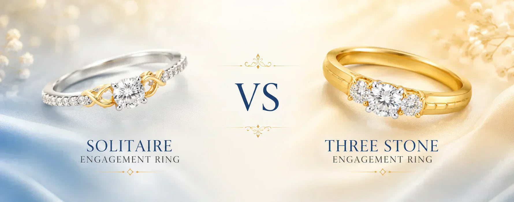 Solitaire engagement ring vs three-stone engagement ring comparison featuring round-cut diamond rings in white and yellow gold, highlighting differences in design, sparkle, and finger coverage for engagement ring buyers.