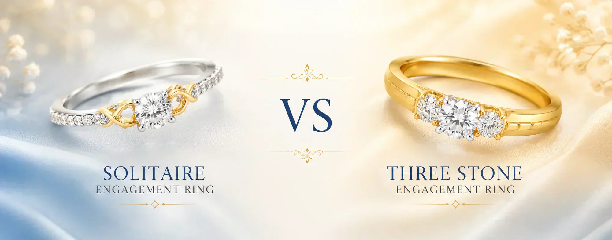 Solitaire engagement ring vs three-stone engagement ring comparison featuring round-cut diamond rings in white and yellow gold, highlighting differences in design, sparkle, and finger coverage for engagement ring buyers.