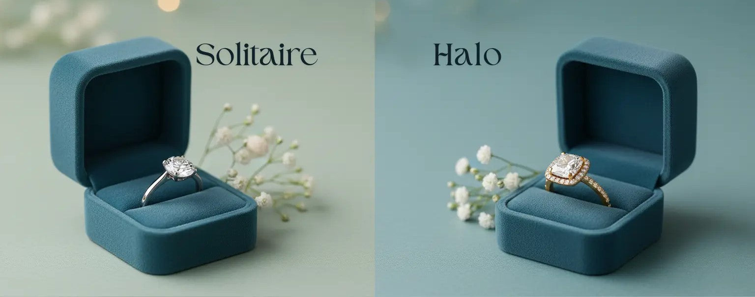 Solitaire and halo engagement ring, Both rings are placed in different jewelry boxes, these boxes are saperated with diffrent color of backgrounds, one box has sky blue backgrund, other one has military color background