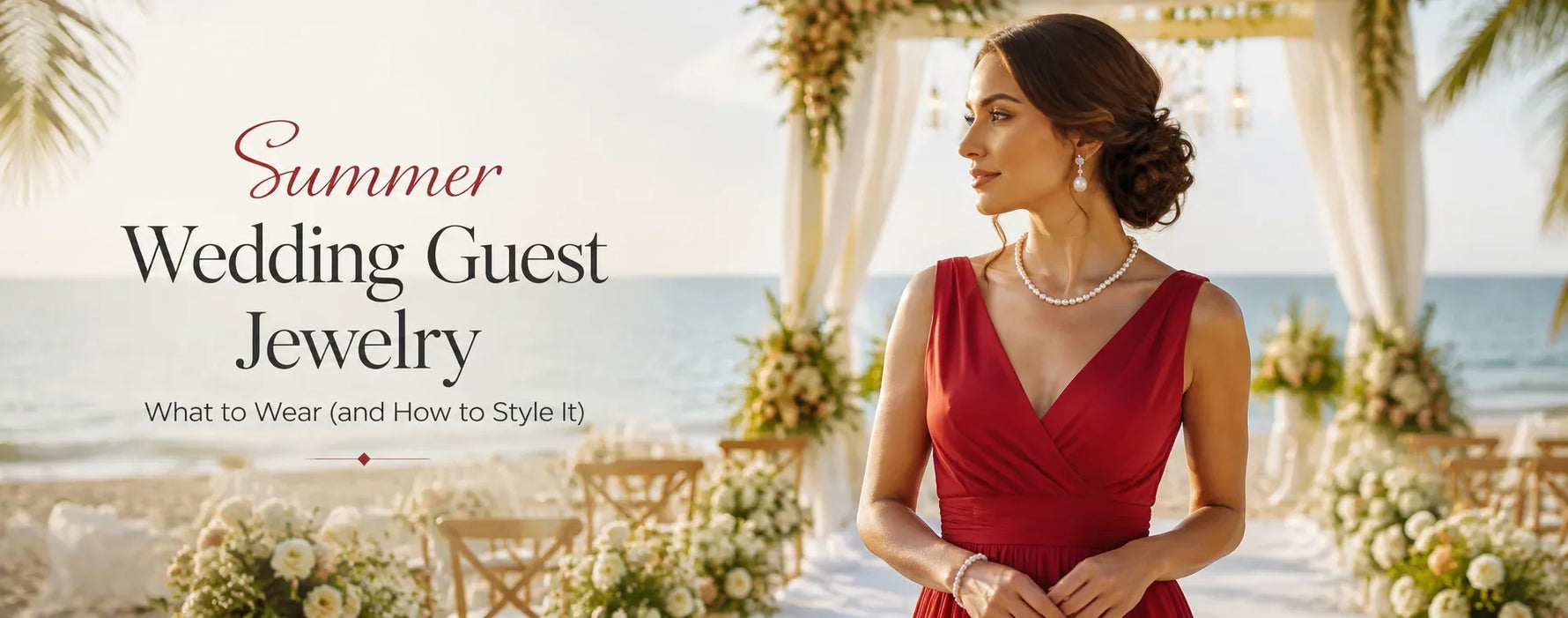 Woman in red gown wearing pearl necklace, earrings, and bracelet at a summer beach wedding