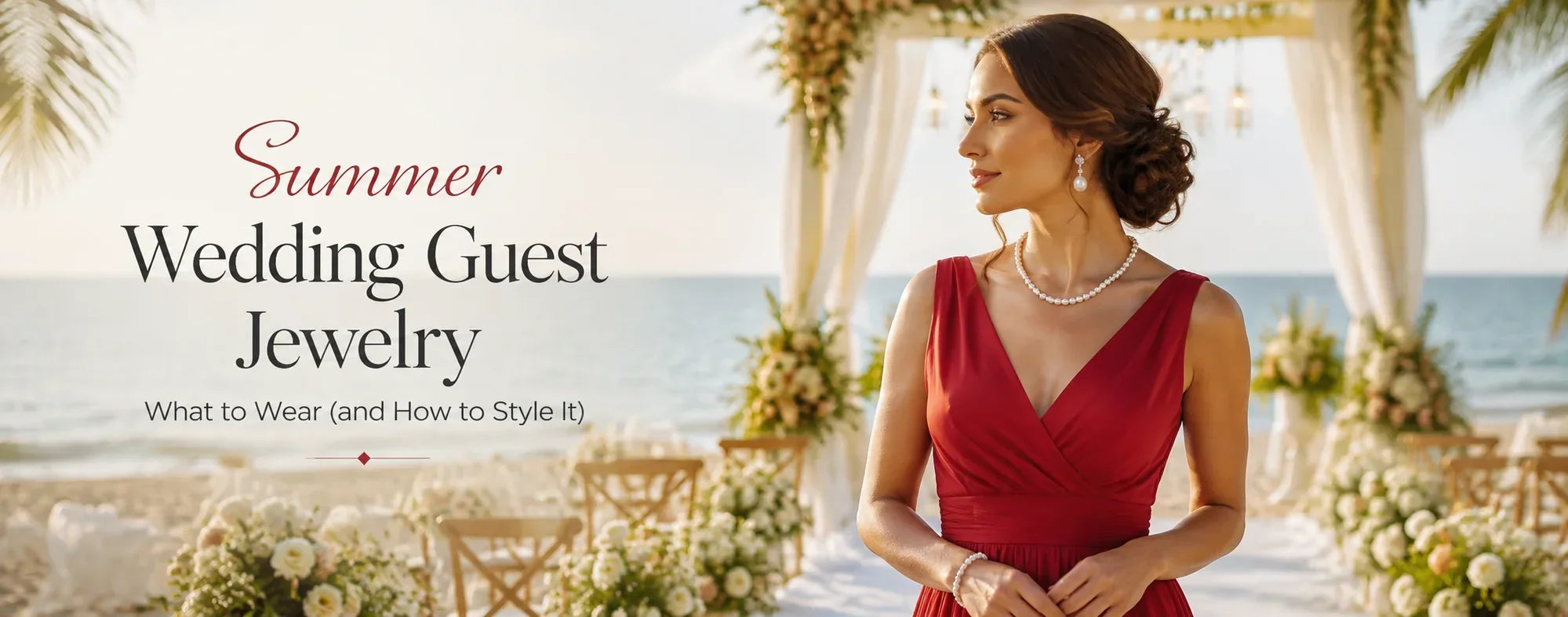 Woman in red gown wearing pearl necklace, earrings, and bracelet at a summer beach wedding