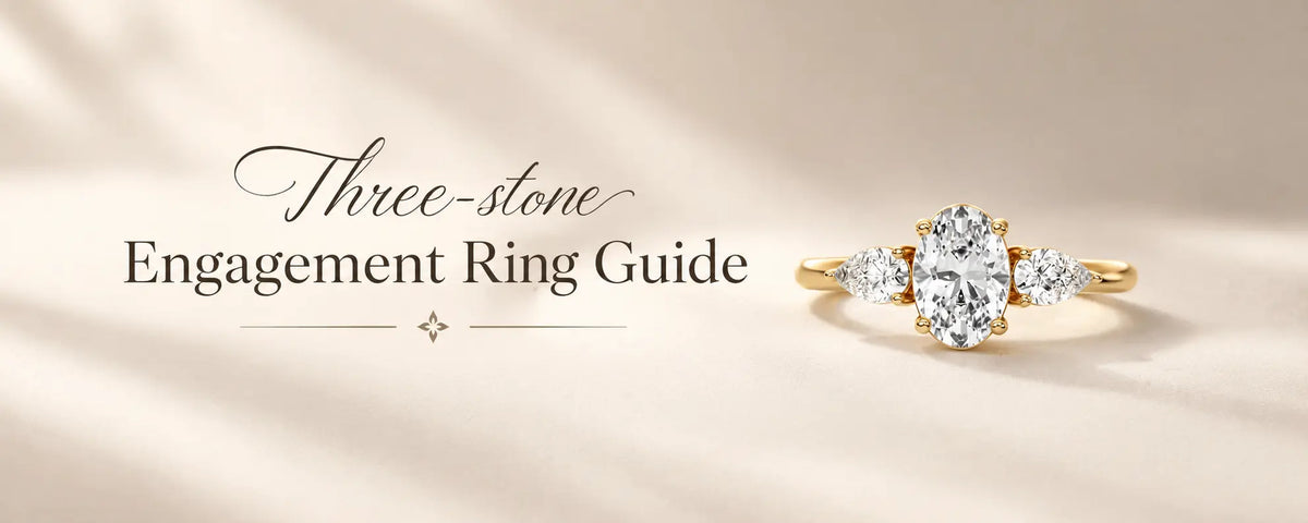 Three-stone engagement ring with an oval center diamond and pear-shaped side stones in yellow gold, featured in a luxury engagement ring guide banner.