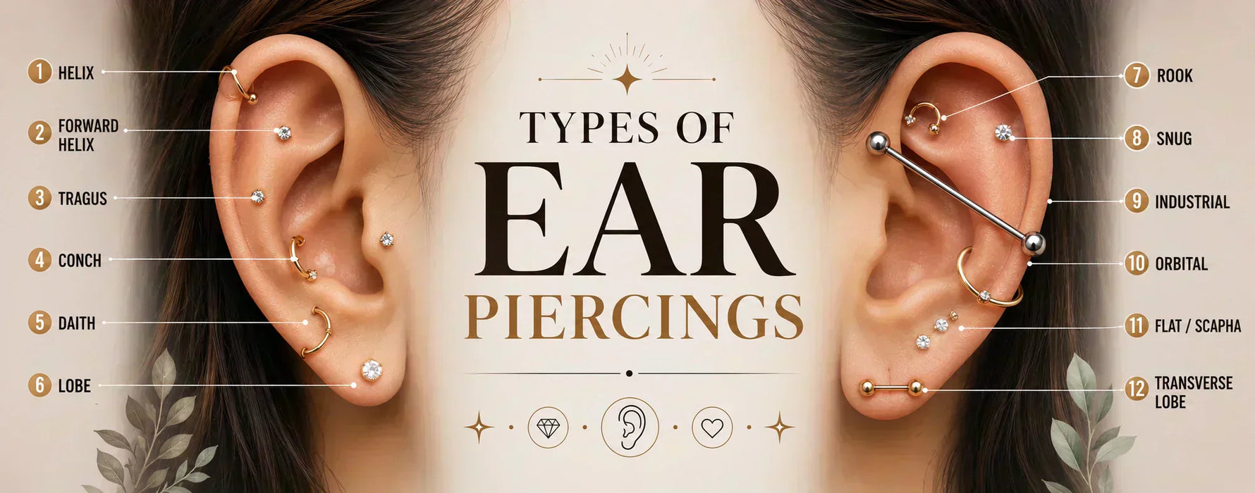 A wide infographic titled “Types of Ear Piercings” 