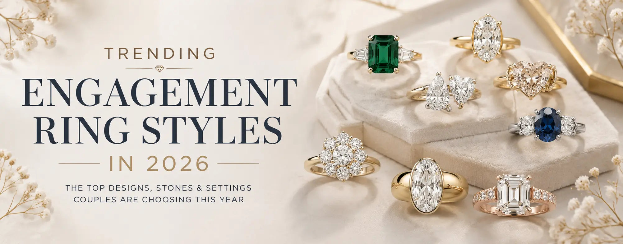 Unique engagement ring styles in 2026 featuring solitaire, cluster, emerald cut, oval, heart-shaped, sapphire, and bezel set engagement rings displayed on a luxury jewelry showcase.