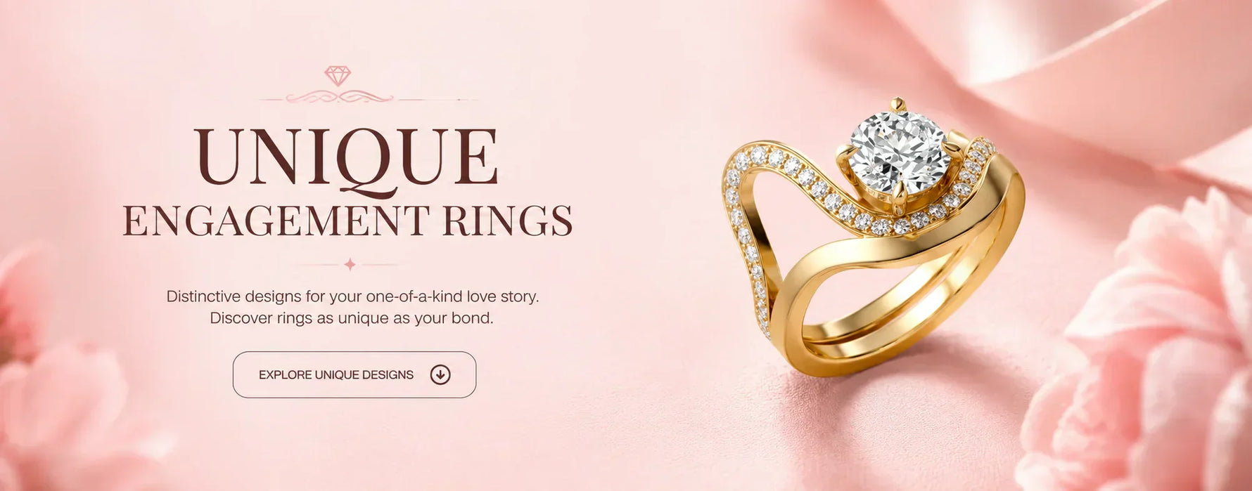 Unique engagement rings hero banner featuring a modern yellow gold bypass engagement ring with a round brilliant diamond and pavé accents on a soft blush pink luxury background with elegant typography.