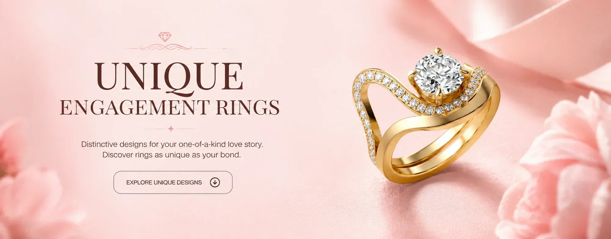 Unique engagement rings hero banner featuring a modern yellow gold bypass engagement ring with a round brilliant diamond and pavé accents on a soft blush pink luxury background with elegant typography.