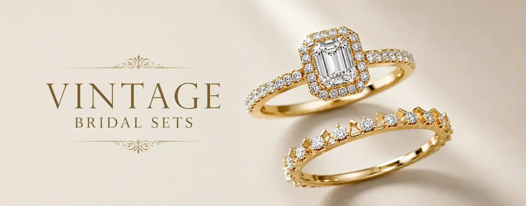 Vintage bridal set hero image featuring a yellow gold emerald-cut halo engagement ring paired with a matching diamond wedding band floating on a soft beige background with elegant vintage-inspired typography.