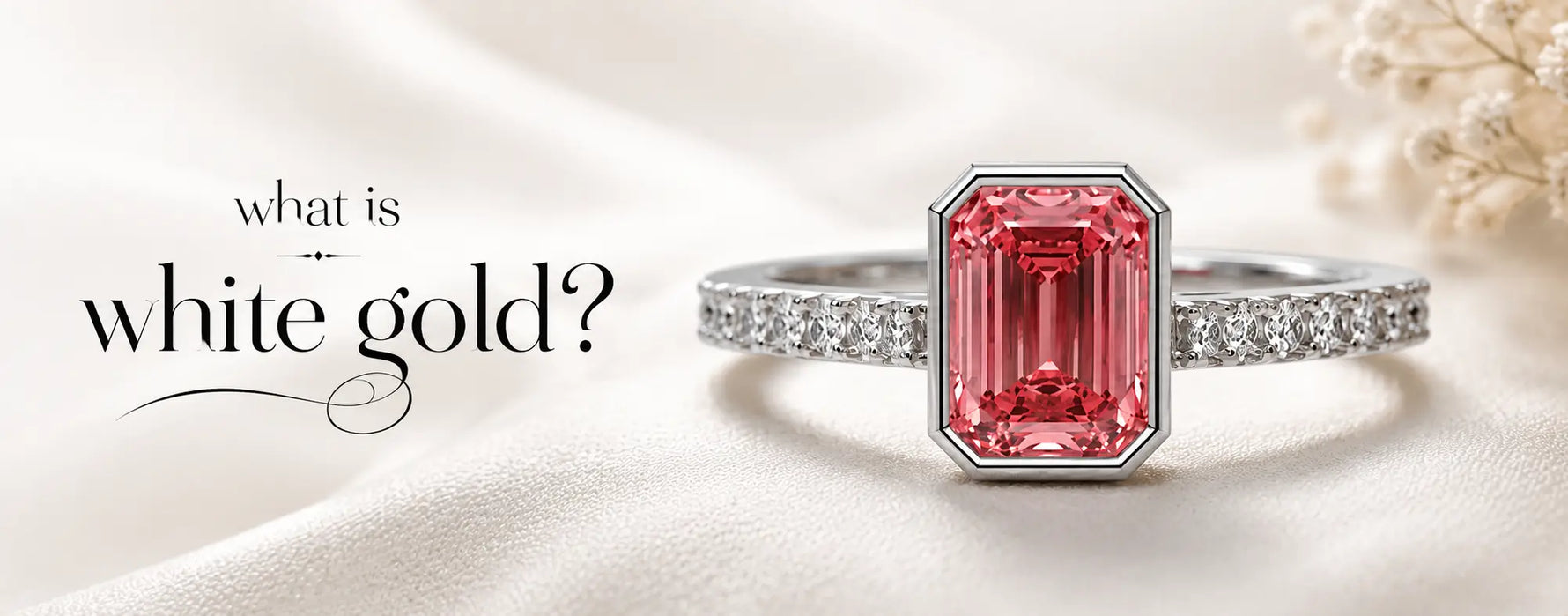 What is white gold, white gold pave band engagement ring with pink diamond