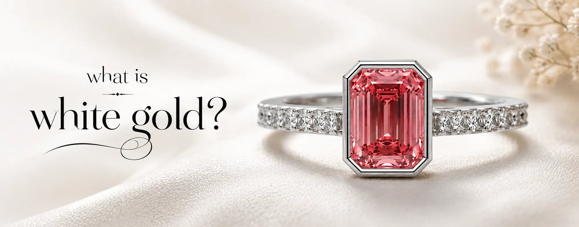 What is white gold, white gold pave band engagement ring with pink diamond
