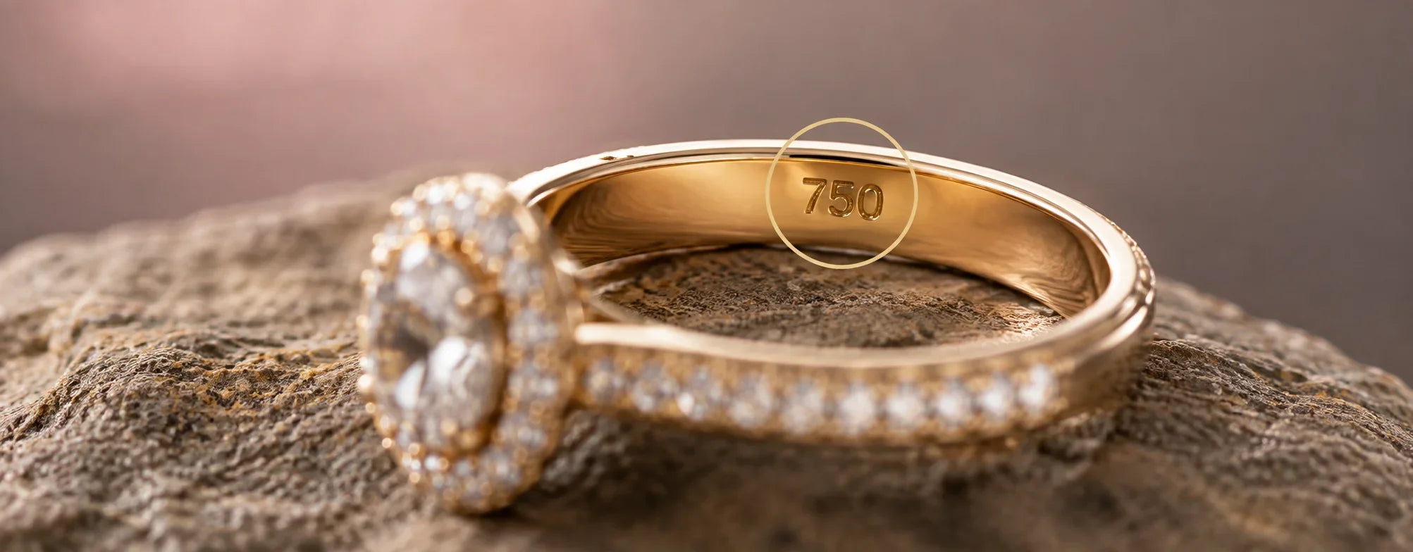 Close-up of a halo engagement ring with the 750 hallmark highlighted inside the band, illustrating what 750 means on jewelry