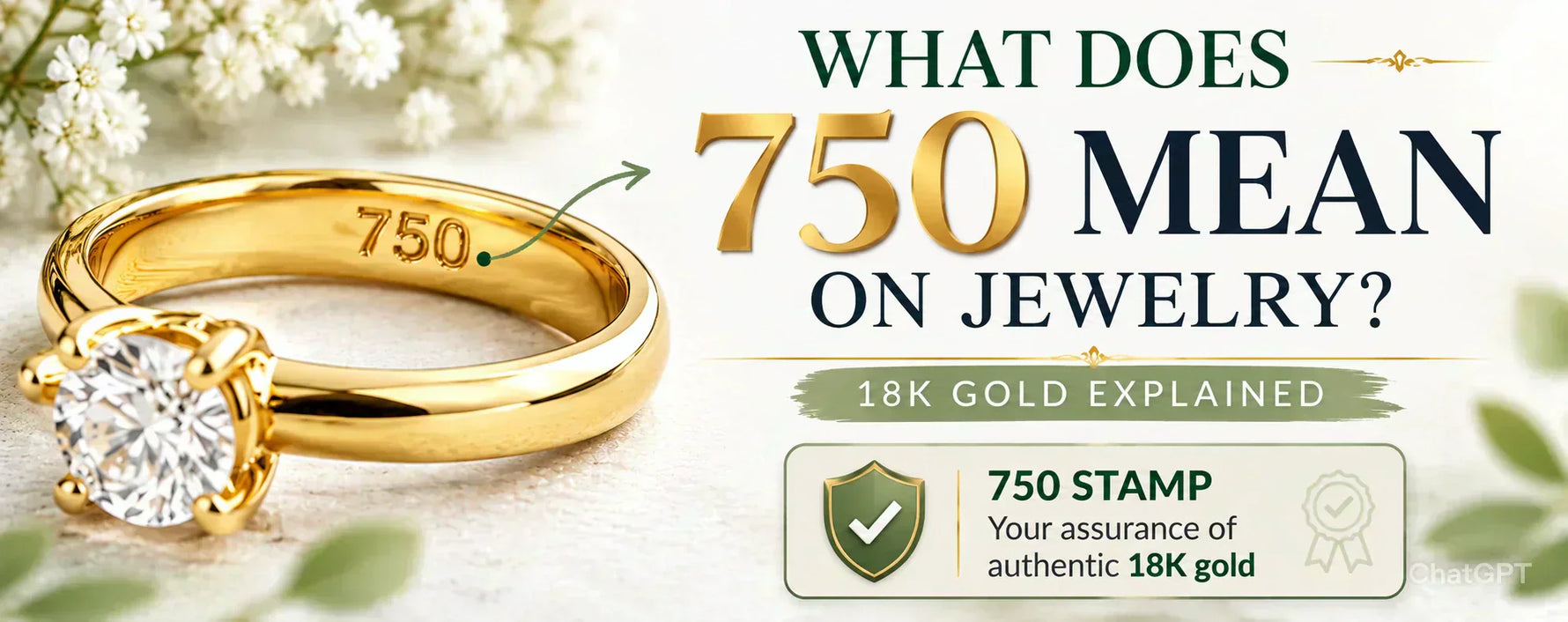 750 gold hallmark infographic showing 18K gold purity, 75% pure gold composition, and comparison with 999, 585, and 417 gold hallmarks