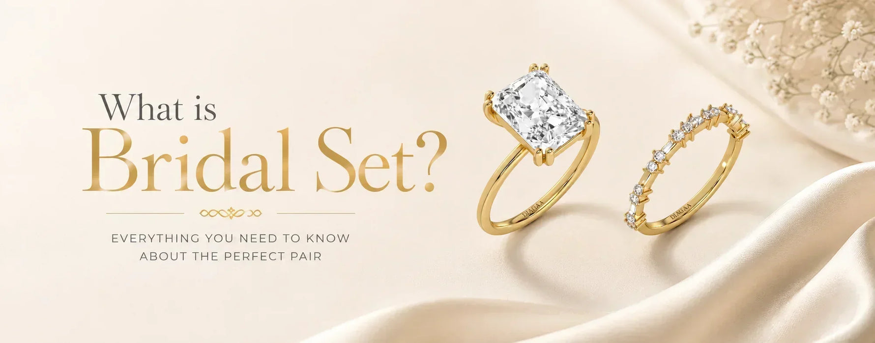 What is a bridal set hero image featuring a matching yellow gold engagement ring and wedding band with romantic rose petals, illustrating a complete bridal ring set.