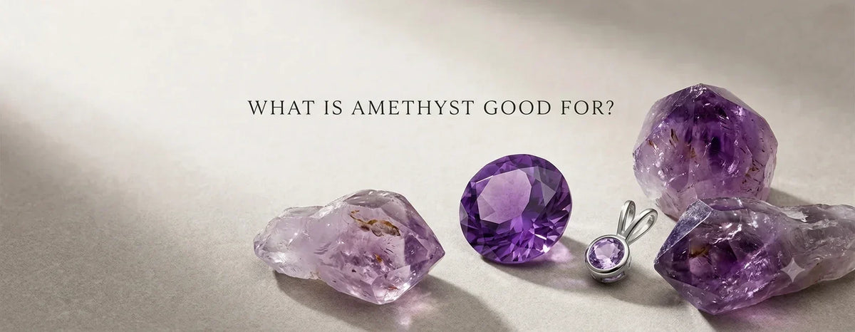 Natural amethyst crystals and amethyst jewelry in shades of lavender and violet