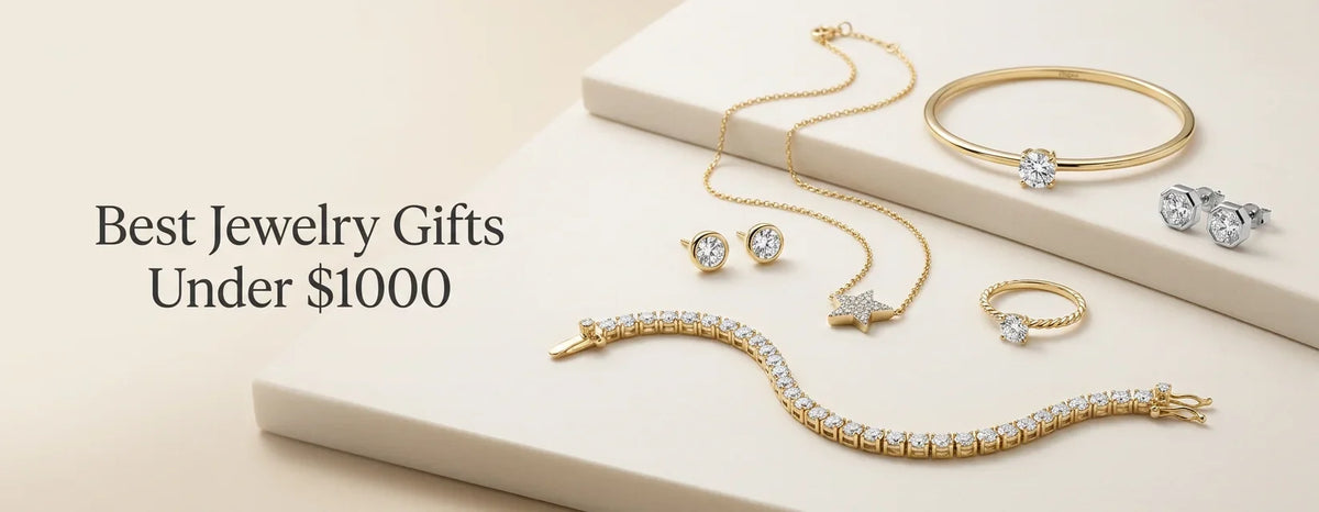 Diamond jewelry gifts under $1,000 featuring earrings, a star pendant necklace, bracelets, and a stackable ring