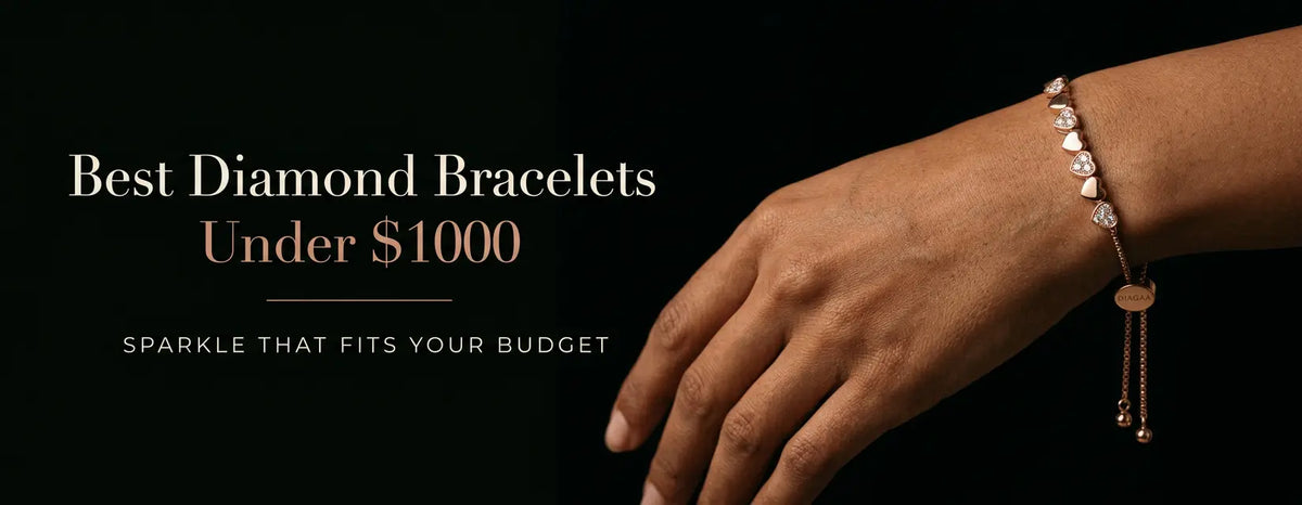 Woman's hand against a black background wearing a rose gold heart bracelet with diamond clusters, beside the text "Best Diamond Bracelets Under $1000".