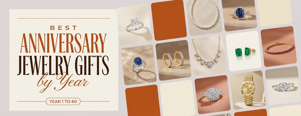 Best Anniversary Jewelry Gifts by Year: a collage of diamond, pearl, sapphire, ruby and emerald rings, earrings and necklaces beside the title.