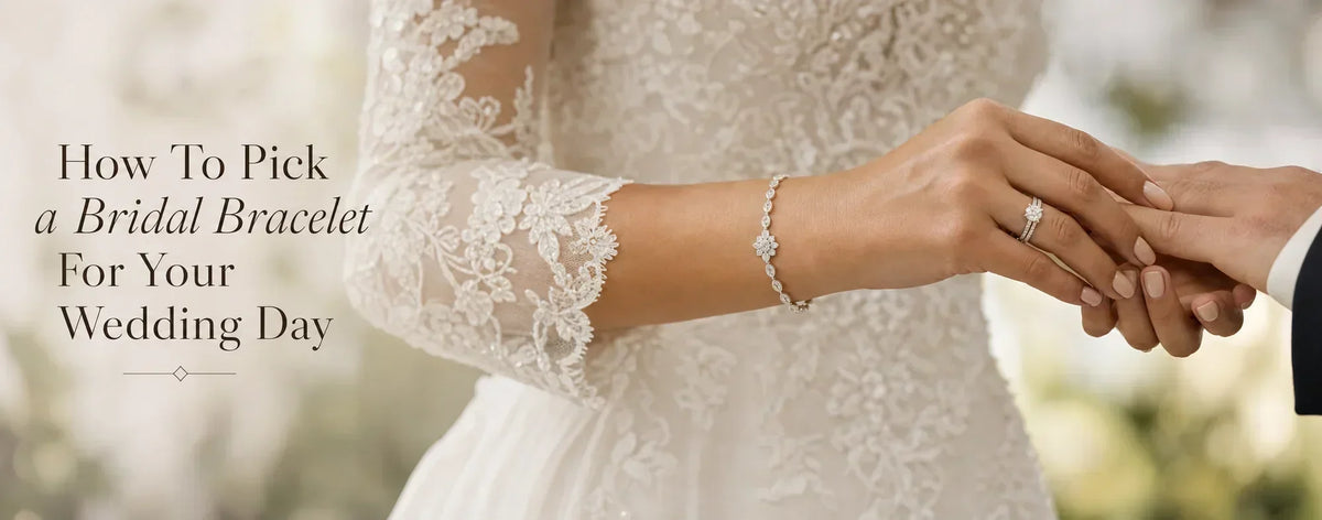 Bride wearing a delicate diamond bracelet with her engagement ring and wedding band during a wedding ring exchange.