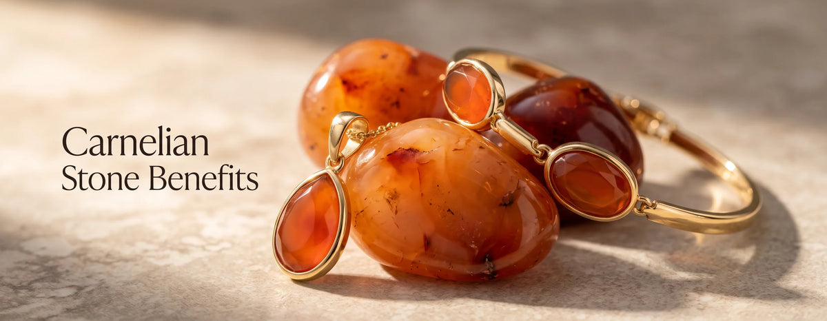 Orange-red carnelian gemstones with a gold carnelian pendant and bracelet in natural light
