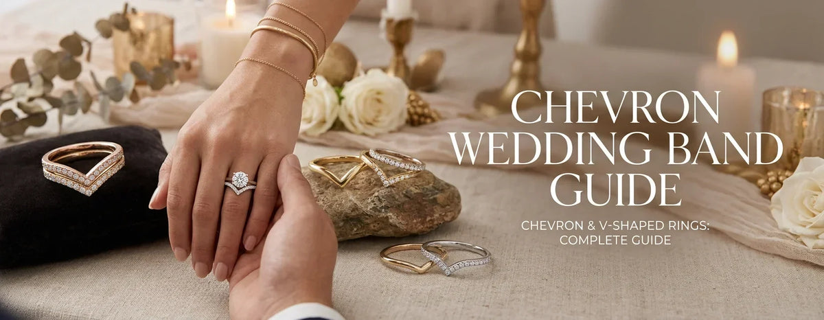 A woman's hand, held by a partner in a suit, wearing a round diamond solitaire with a diamond-set chevron band, surrounded by rose gold, yellow gold and white gold chevron bands, candles and white roses, under the title "Chevron Wedding Band Guide.