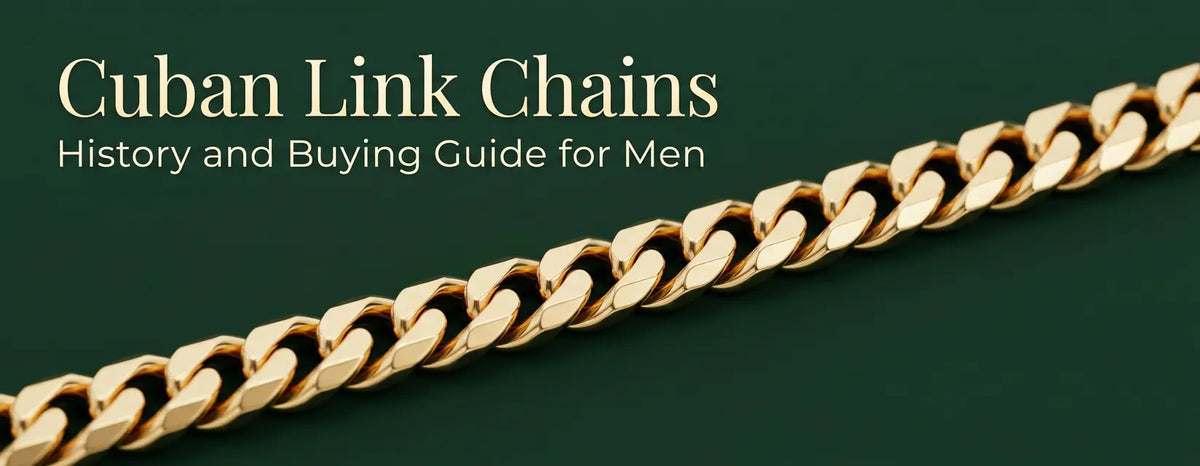 Gold Cuban link chain on emerald green background with title text: Cuban Link Chains: History and Buying Guide for Men