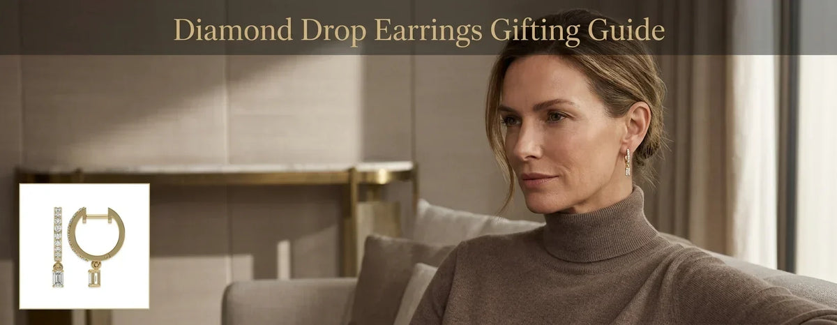 a woman wearing a diamond drop earring by diagaa on her left ear