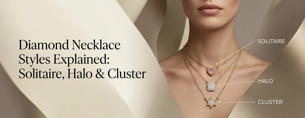 Three diamond necklaces worn at different lengths, showcasing solitaire, halo, and cluster pendant styles