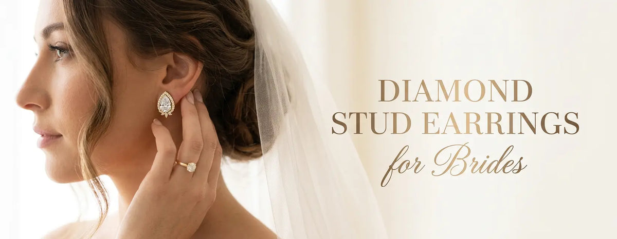 Bride in a veil wearing yellow gold pear-shaped diamond halo stud earrings, with the text "Diamond Stud Earrings for Brides"