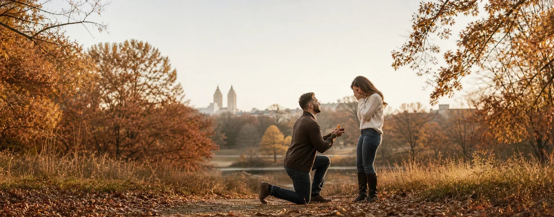 Romantic marriage proposal in an autumn park surrounded by colorful fall foliage