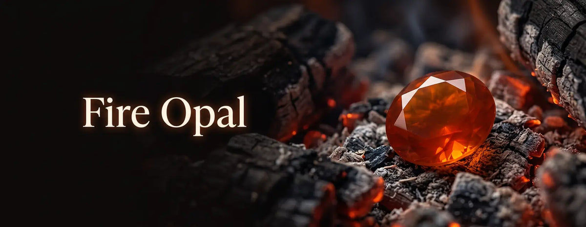 Faceted orange-red fire opal gemstone glowing among hot embers and ash