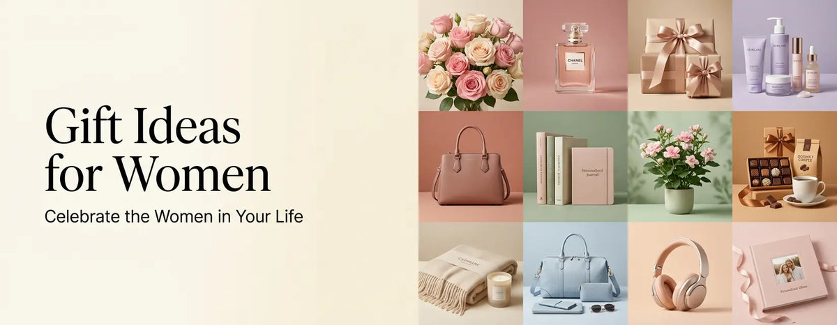 Gift ideas for women featuring diamond jewellery, elegant perfumes, fresh flowers, luxury handbags, skincare hampers, books and thoughtful presents.