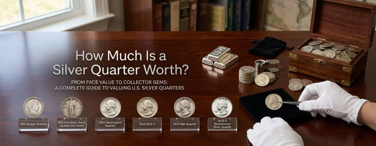 Silver quarter showing the value of a U.S. silver quarter based on silver content and collector value