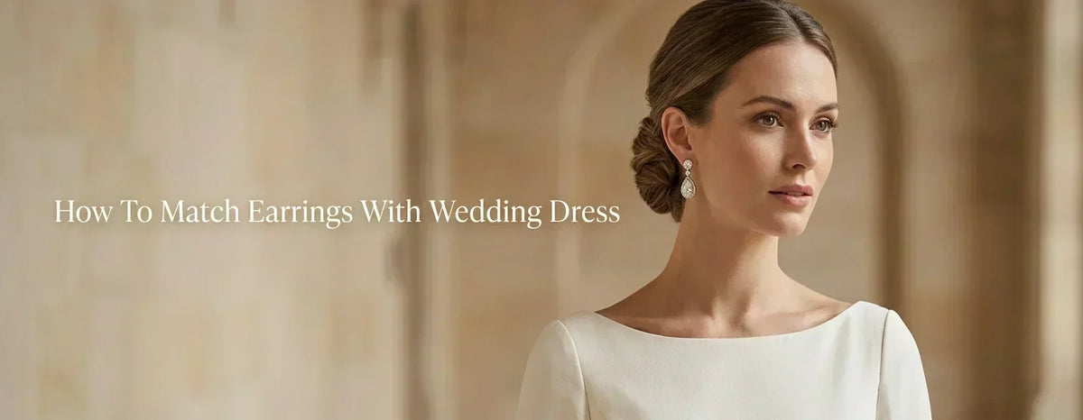 Bride wearing diamond earrings with an ivory wedding dress