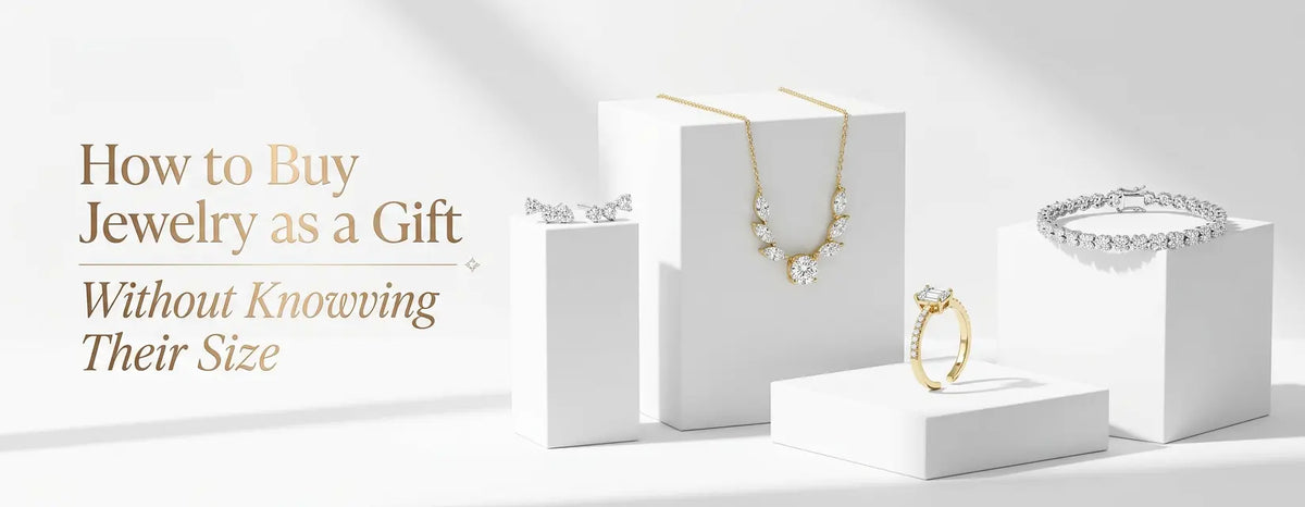 Gold and diamond earrings, necklace, ring and bracelet on white pedestals beside the heading "How to Buy Jewelry as a Gift Without Knowing Their Size"