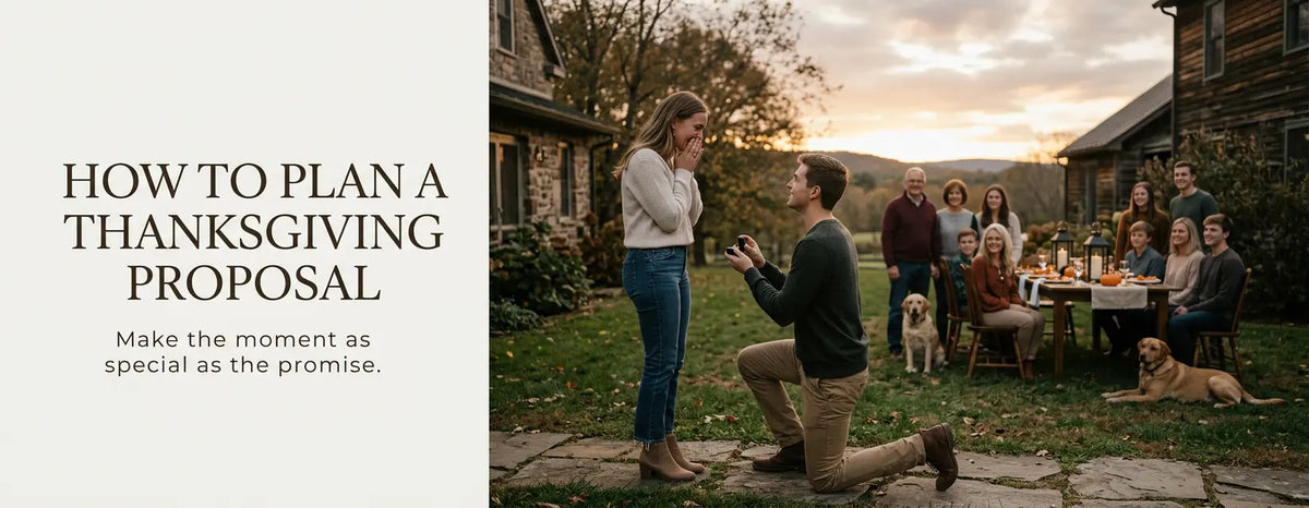 A man proposes on one knee to his partner in a farmhouse backyard as family and pets gather around, celebrating with raised glasses against a warm autumn sunset.