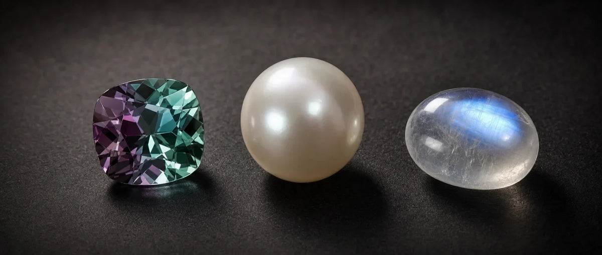 Pearl, alexandrite, and moonstone, the three modern June birthstones