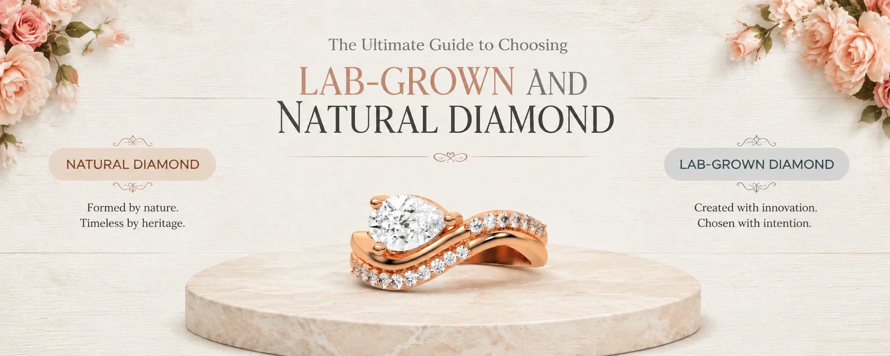 Hero banner comparing lab-grown and natural diamonds, featuring a rose gold diamond engagement ring on a marble pedestal with elegant typography for a complete lab-grown vs natural diamond buying guide.