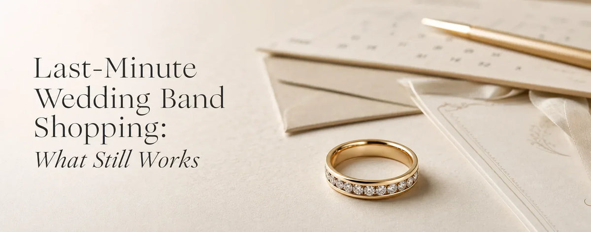 Wedding band beside a wedding invitation and calendar for last-minute wedding planning
