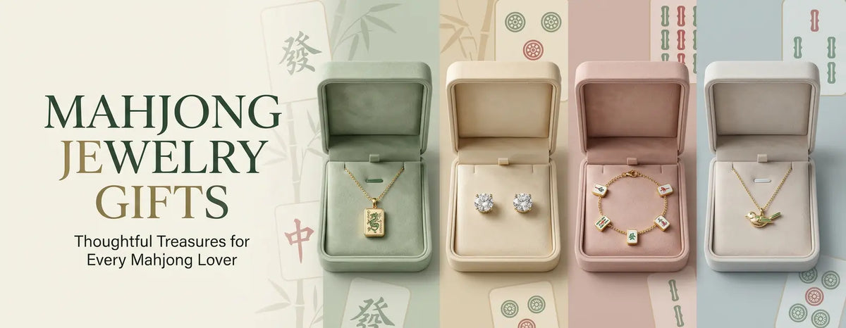 Mahjong jewelry gifts featuring a gold tile pendant, diamond stud earrings, a colorful charm bracelet, and a bird-inspired necklace displayed in elegant gift boxes.