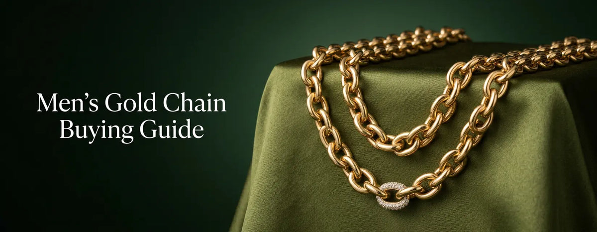 Men's heavy gold chain necklace on olive-green satin background