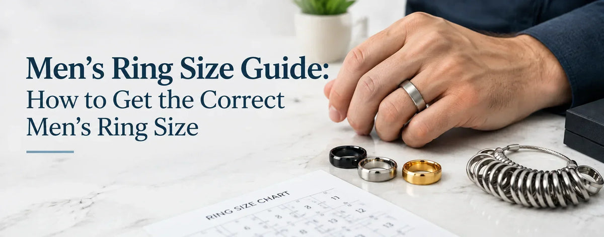 Men's ring size guide showing a man's hand wearing a ring, ring size chart, and multiple men's rings on a marble surface