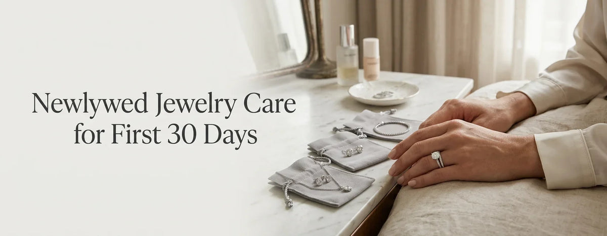 Newlywed wearing wedding and engagement rings while organizing other jewelry for everyday care