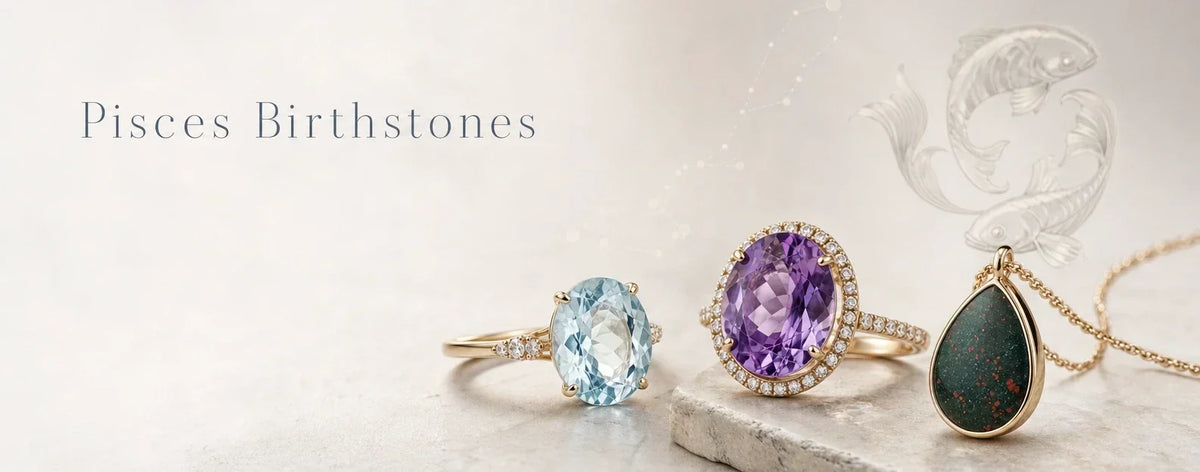 Pisces Birthstones jewelry. Aquamarine ring, Amethyst Ring and Bloodstopne Pendant.