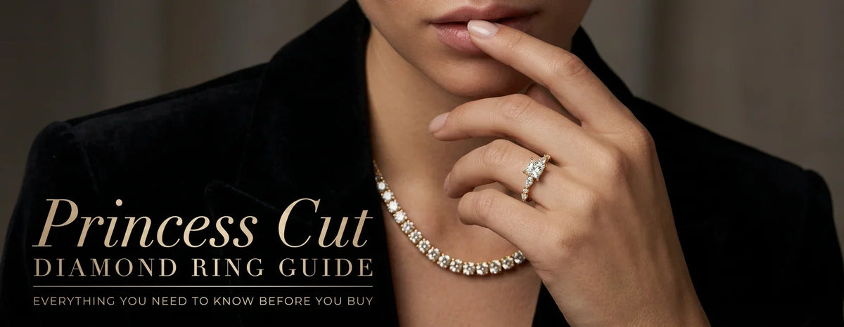 Woman's hand with a yellow gold princess cut diamond ring on a black blazer, beside the title "Princess Cut Diamond Ring Guide"