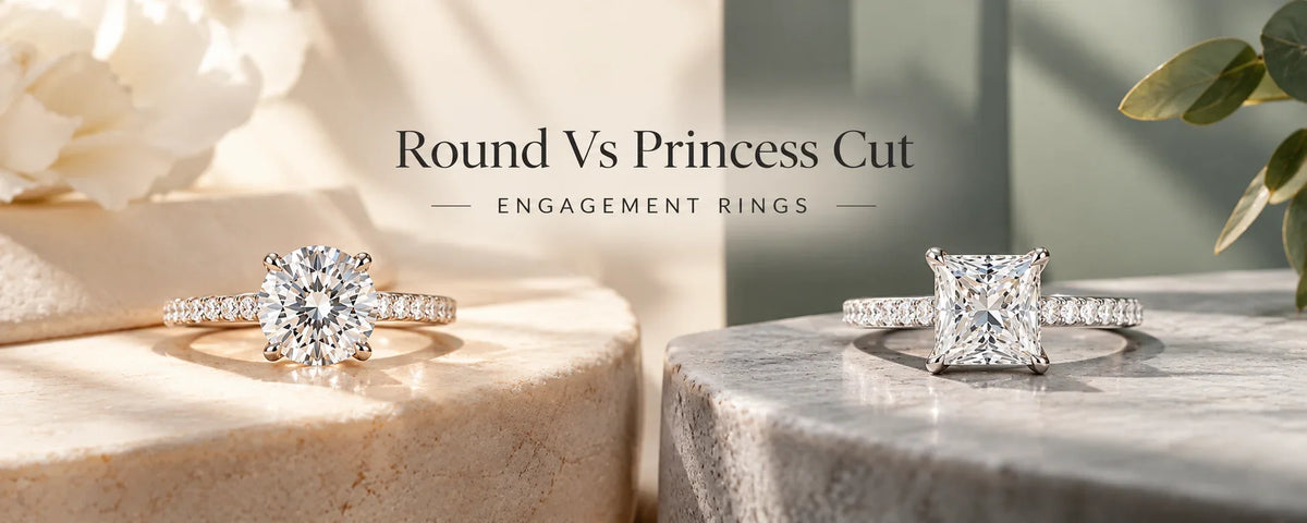 Round and princess cut diamond engagement rings displayed side by side for comparison on contrasting stone surfaces.