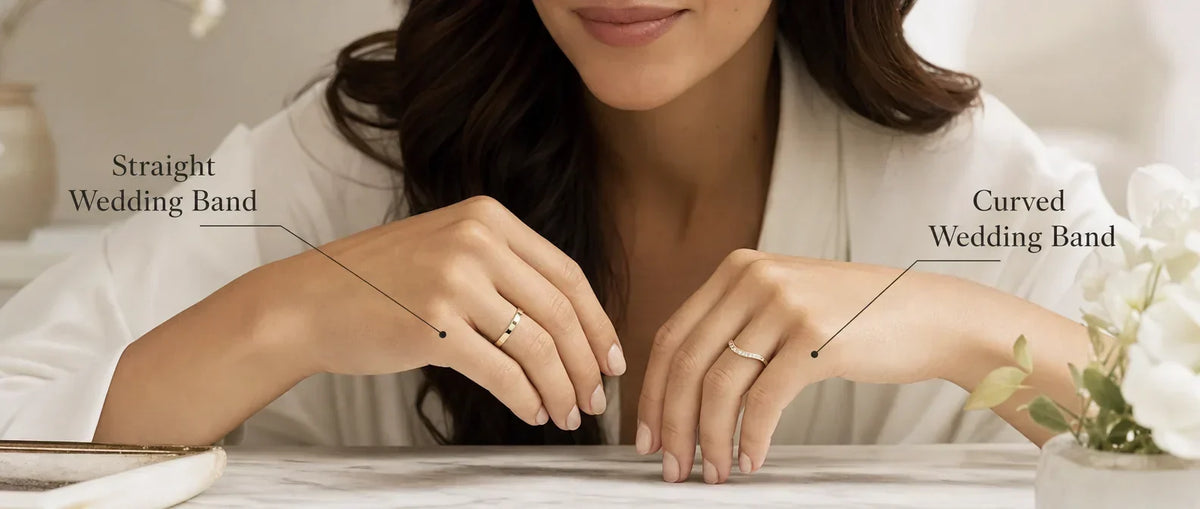 Hand model wearing a straight wedding band on the left hand and a curved wedding band on the right hand, labeled for comparison