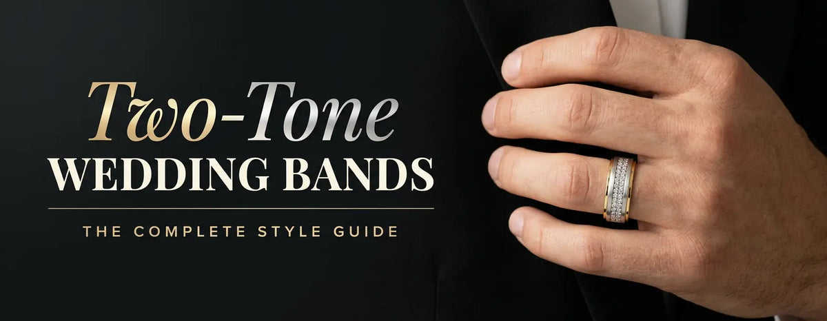 Man's hand wearing a two-tone wedding band with yellow gold edges, white gold sides, and a center row of diamonds, in a complete style guide to two-tone wedding bands