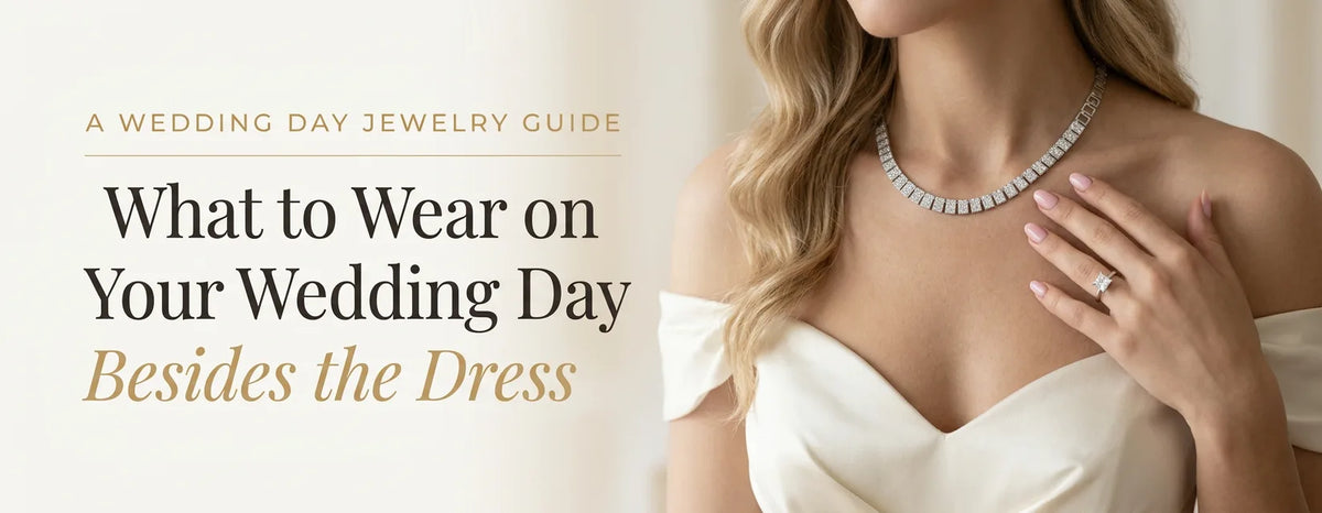 Bride wearing a diamond pave necklace and princess-cut solitaire ring for wedding day jewelry